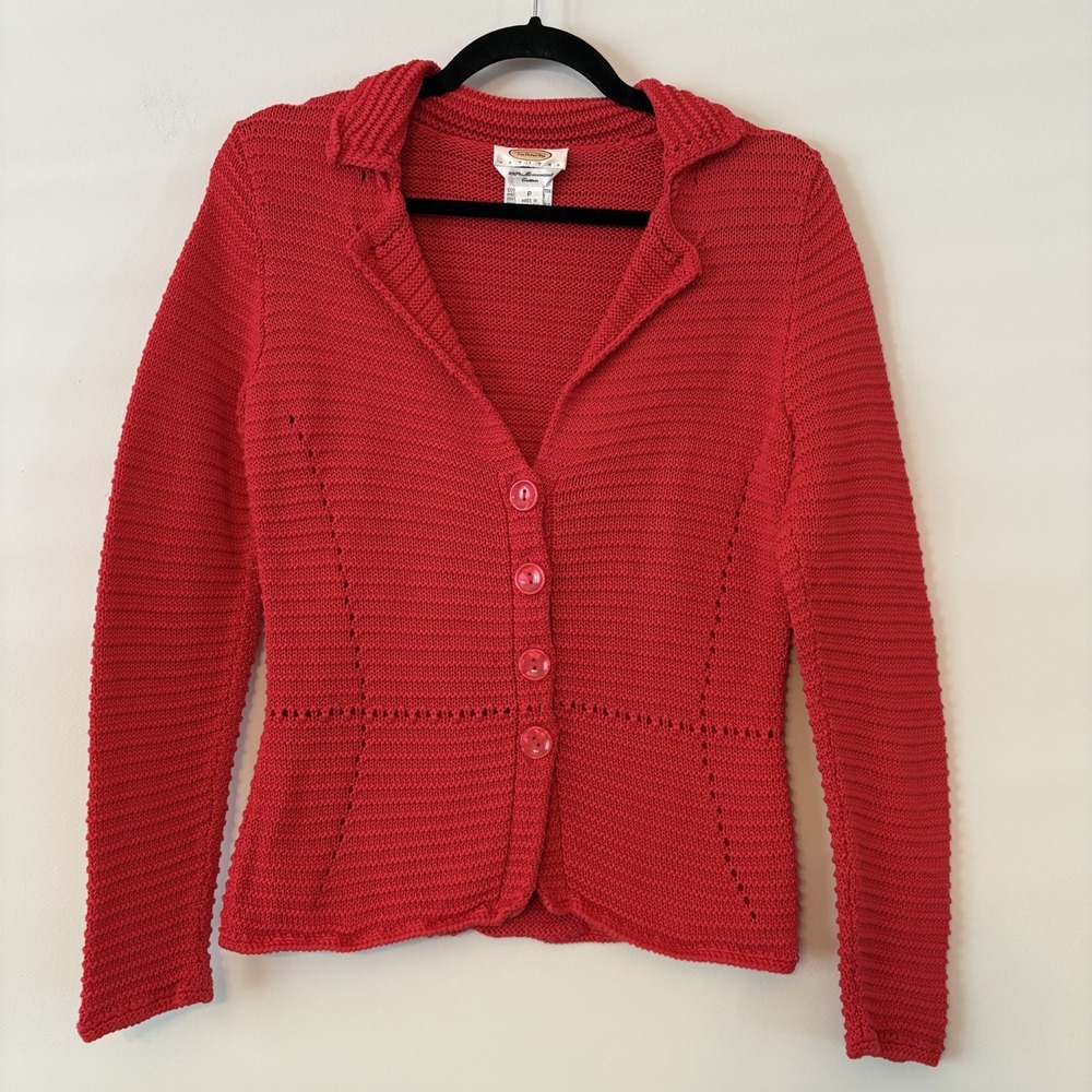 VTG Talbots Mercerized Cotton Button Front‎ Knit Cardigan Red Petite Classic